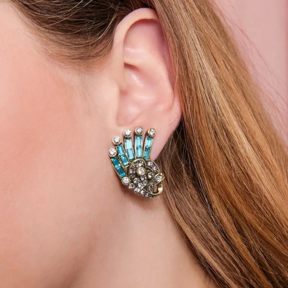 HEIDI DAUS Crystal Hue Persuasion Button Art Deco Earrings Turquoise Omega Backs